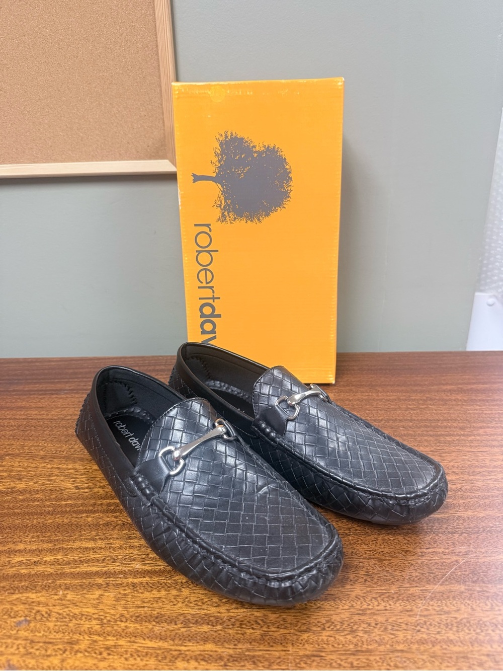 Robert David Black Woven Leather Slip-On Loafers for Men
